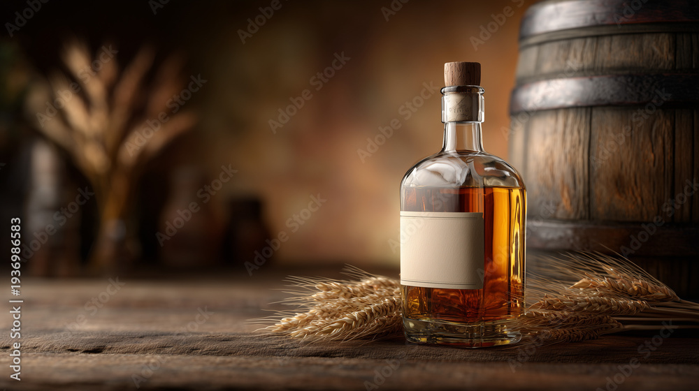 Fototapeta premium Square Bourbon Bottle with Blank Label, Oak Stave, and Wheat