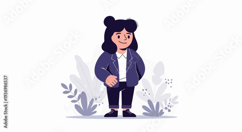 A woman in a suit stands with plants in the background