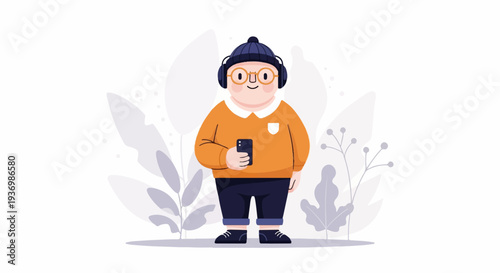 A person wearing headphones and glasses holds a phone while standing amidst abstract plants