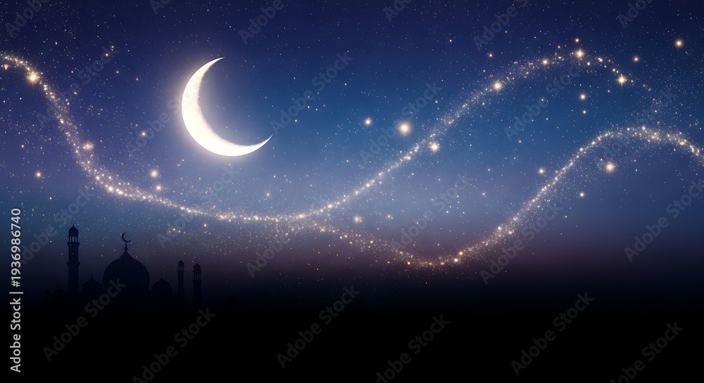 Fototapeta premium Crescent moon and stars over mosque silhouette at night.