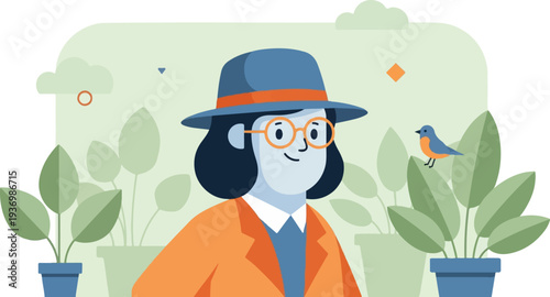 A person in a hat and glasses stands amongst plants with a bird nearby