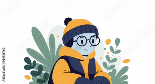 Animated person in a warm winter outfit, surrounded by decorative plants