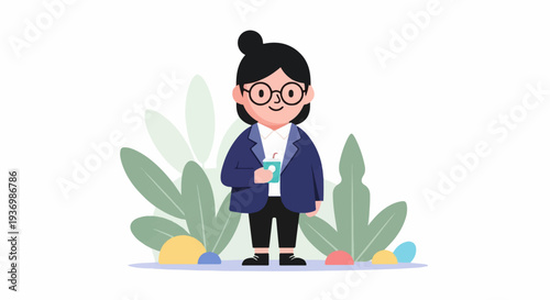 Person in business attire holding a drink, with plants and decorative shapes