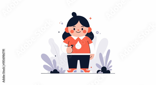 Cheerful cartoon girl with dark hair, wearing an orange shirt and dark pants, amidst stylized plants
