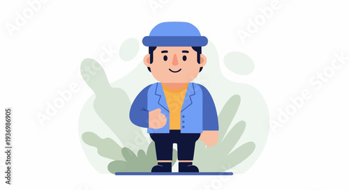 A cartoon man with a blue hat and jacket stands on a platform