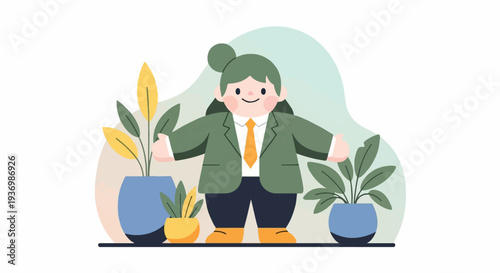 Chubby person in a green suit and yellow tie, with potted plants around