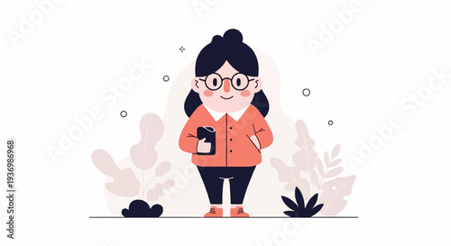 Stylized illustration of a plump person with dark hair and glasses, wearing an orange jacket and dark pants