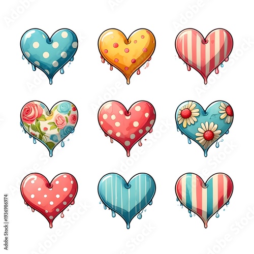 Set of colorful decorative hearts with various patterns on white background, heart icons with polka dots stripes and floral ornaments