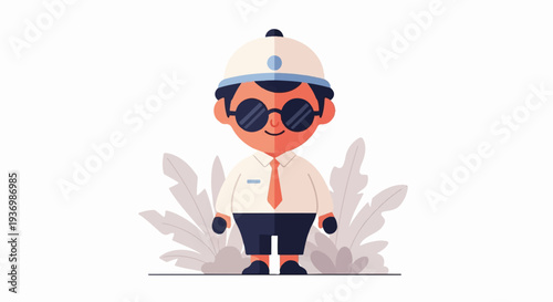 Cheerful cartoon child in a hat and sunglasses, wearing a shirt and tie