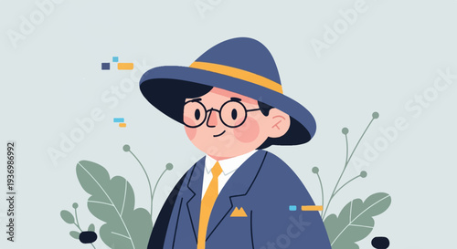 Cheerful cartoon person in a blue suit, yellow tie, and wide-brimmed hat