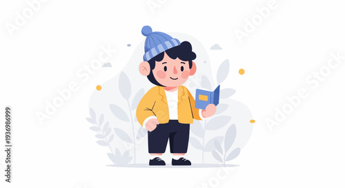 Cheerful young person in yellow jacket, blue hat and trousers reads a book in a serene, abstract natural setting