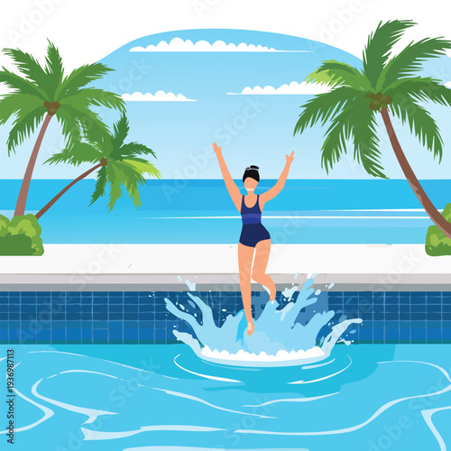 Woman jumping into pool with palms summer vacation
