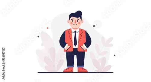 Stylized illustration of a man in a red vest and dark suit, standing confidently