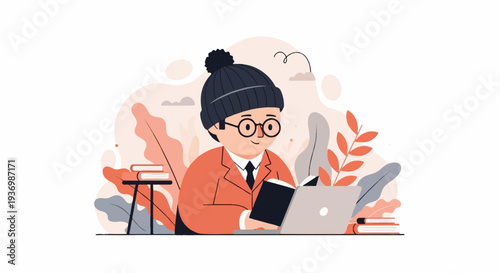 Focused individual in glasses and hat studies book near laptop amidst abstract foliage