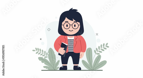 A cheerful cartoon character in glasses and a red jacket holds a book