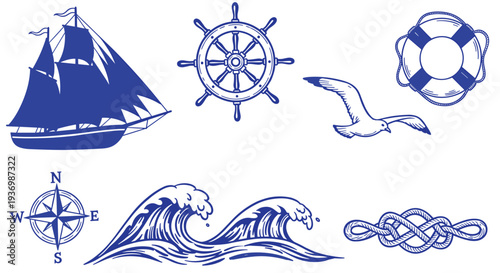 Nautical elements collection featuring a sailboat, ship wheel, life preserver, seagull, compass, waves, and knot