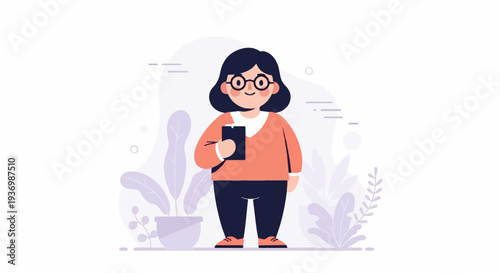A stylized woman in glasses holds a phone amidst abstract plants and geometric shapes