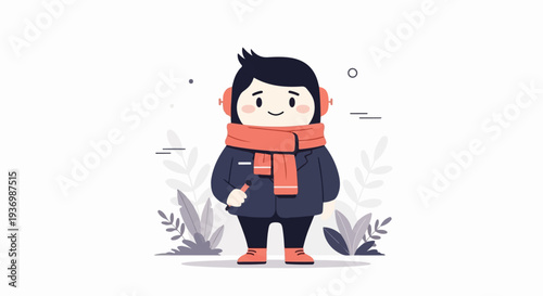 A cute cartoon character in winter attire with headphones, scarf, and a small object in hand, amidst stylized foliage