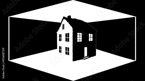 A black and white house sits inside an abstracted, white polygonal space, angled to create depth