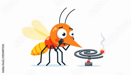 Cute cartoon mosquito with big eyes looking at mosquito coil with smoke, insect repellent concept