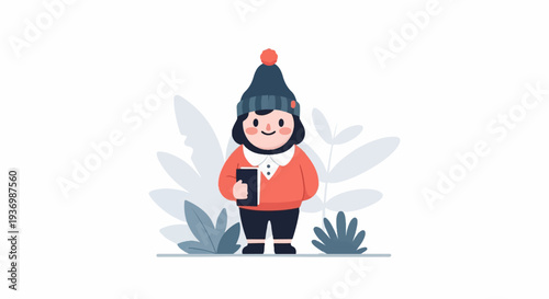 Whimsical character in winter attire holding a book amidst stylized foliage