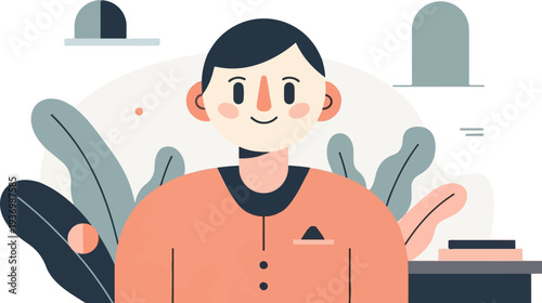 Flat illustration of a person with dark hair, wearing an orange shirt, surrounded by stylized plants and abstract shapes