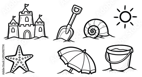 Collection of beach and summer icons including a sandcastle starfish umbrella bucket shovel and sun