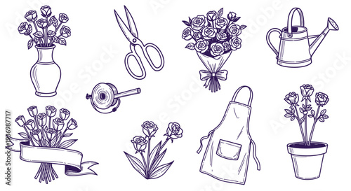 Hand drawn floral elements and gardening tools for creating beautiful bouquets and arrangements