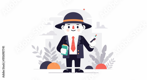 A cartoon person in a hat, suit, and tie holds a phone and book
