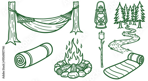 Camping gear laid out in a forest clearing with a campfire and hammock ready for adventure