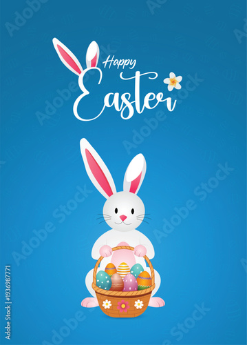 Happy Easter greeting poster with bunny holding colorful eggs festive spring celebration