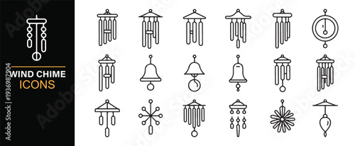 Hanging wind chime and bell ornament vector outline icon pack