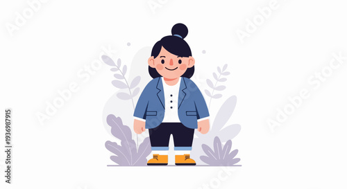 A cheerful, pixilated illustration of a person in a blue blazer, standing amongst abstract foliage