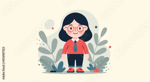 Cheerful person in red top, blue tie, dark pants, and glasses, surrounded by leaves