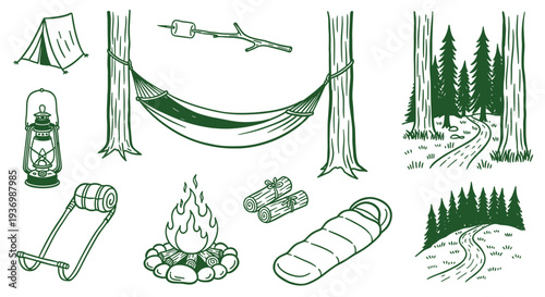 Camping Adventure Gear and Forest Scene Illustration for Outdoor Recreation and Nature Exploration