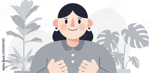 A cheerful, stylized portrait of a person with dark hair and rosy cheeks, surrounded by potted plants