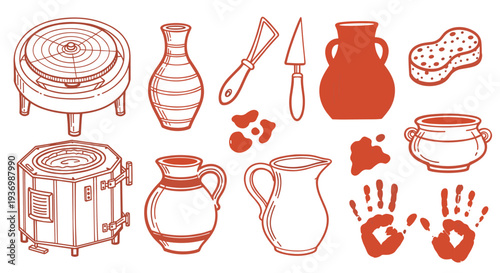 Pottery wheel and kiln with various ceramic vessels and tools for artistic creation and craft