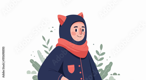 A friendly person in a dark blue cat-eared hood and red scarf smiles