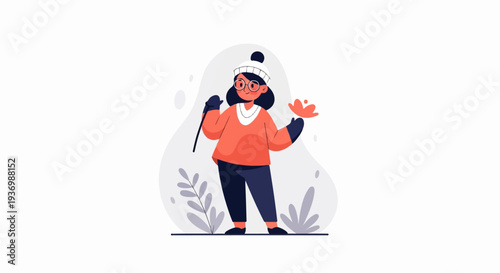 A stylized illustration of a person in winter attire holding a flower and a stick