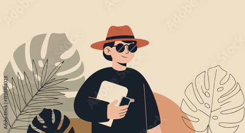 Stylish person with hat and sunglasses holding a tablet and phone amidst tropical leaves