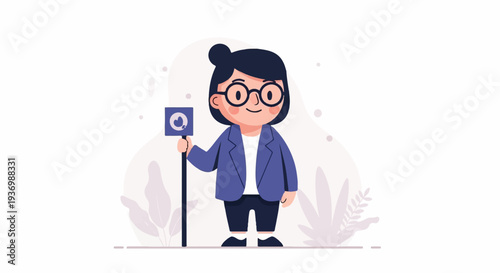 Whimsical cartoon character in a blue blazer holds a sign with a circular emblem on a pole