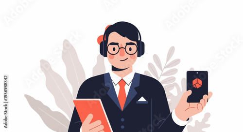 Stylized man in suit and headphones holding tablet and phone