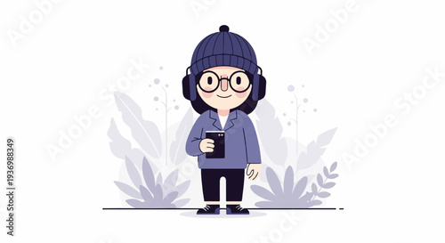 Person with headphones and phone, surrounded by abstract plant elements