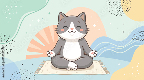 Cute cartoon cat meditating in yoga lotus pose with calm expression, mindfulness and relaxation concept illustration,