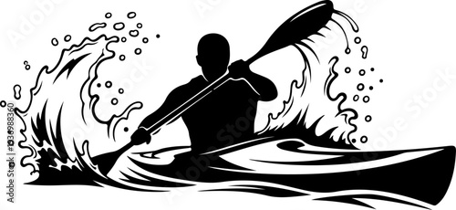 Vector silhouette of kayaker paddling through waves