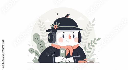 Cartoon person wearing headphones and scarf, reading a book amidst foliage