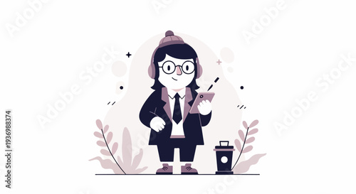 Character wearing headphones, glasses, and a suit, holding a phone, near a coffee cup and plants