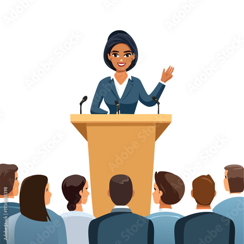 Woman at podium giving speech to audience
