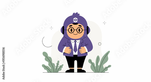 A cartoon character in a purple suit with a matching hat, standing amidst greenery