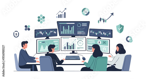 Professional Financial Trading Team Analyzing Market Charts and Data on Multi-Monitor Workstation